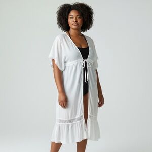 Bloomchic Plus Size White crochet boho Kimono Cardigan cover up duster Sz 22